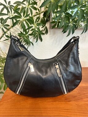 Black Leather Perlina Hobo Shoulder Bag